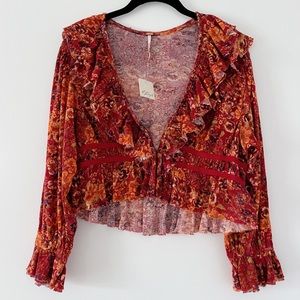 NWT Free People Rudi Printed Ruffle Crop Blouse in Cherry Combo